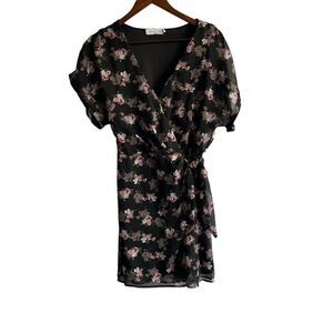 All in Favor Black Floral Wrap Dress